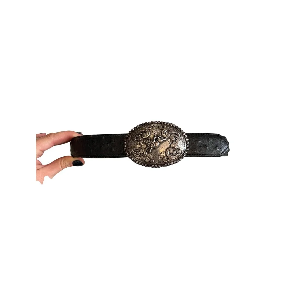 Western Leather Ostrich Print Belt Silver Rodeo Buckle Black 29inch by Nocona